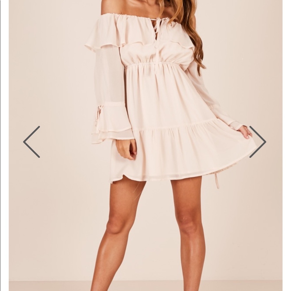 Showpo off the shoulders nude dress 18